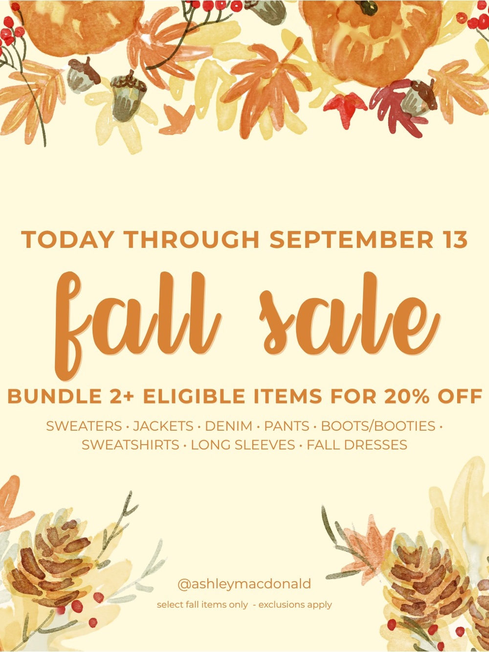 🍂 FALL CLOSET SALE 🍂
20% OFF 2+ ITEMS
Bundle & save!
